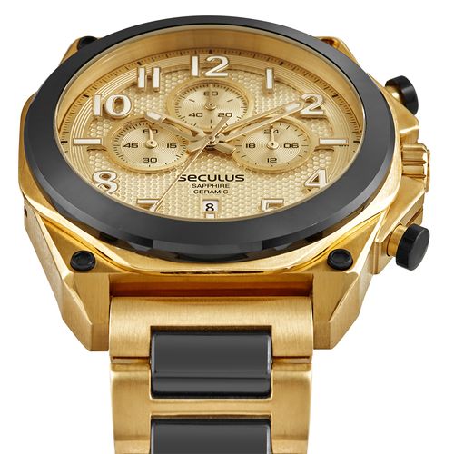 Relógio Masculino Cronógrafo Aço e Cerâmica Preto e Dourado