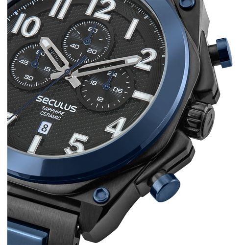 Relógio Masculino Cronógrafo Aço e Cerâmica Azul e Preto