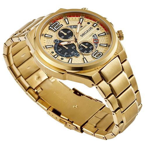 Relógio Masculino Cronógrafo Aço Desing Automotivo Dourado