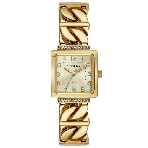 Relógio Feminino Quadrado Corrente Cristais Dourado