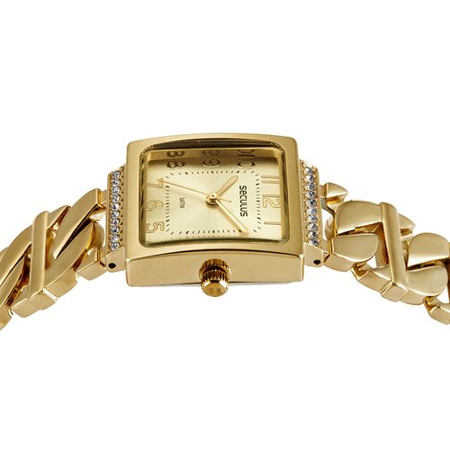Relógio Feminino Quadrado Corrente Cristais Dourado
