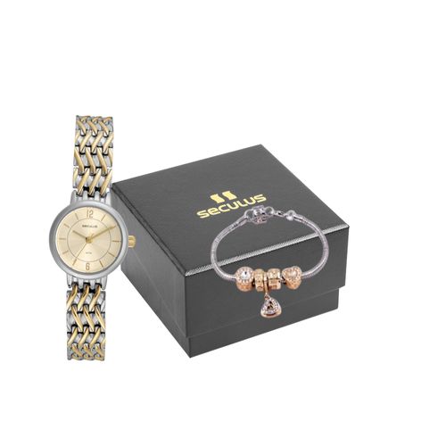 Kit Relógio Feminino Clássico Bicolor Com Pulseira Berloques