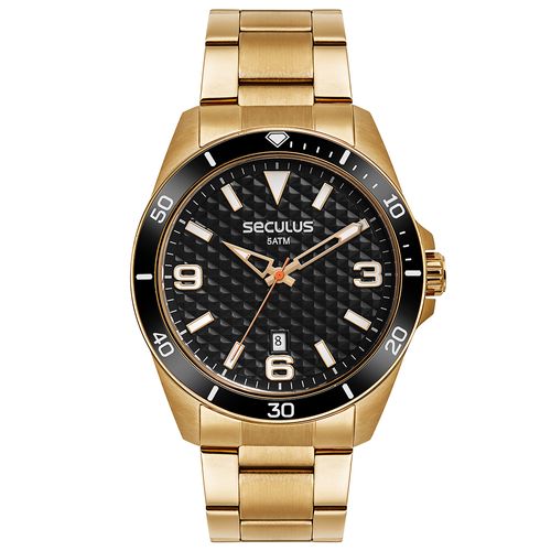 Relógio Masculino Aço Casual Calendário Dourado