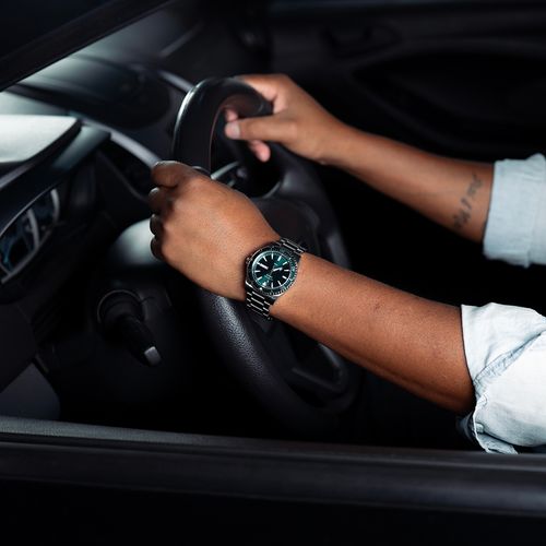Relógio Masculino Automático Aço Catraca Giratória Verde e Prata