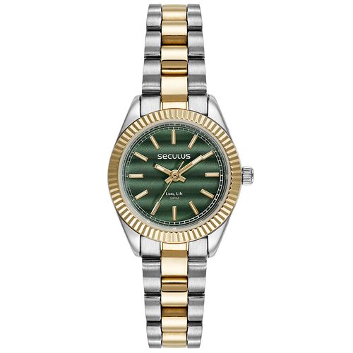 Relógio Feminino Aço Catraca Serrilhada Prata e Dourado