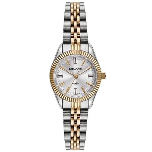 Relógio Feminino Aço Pedras Baguete Bicolor