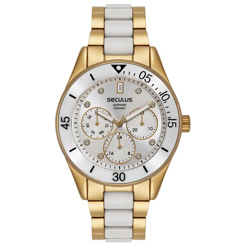 Relógio Feminino Multifunção Cerâmica Dourado