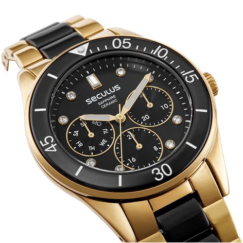 Relógio Feminino Multifunção Cerâmica Preto e Dourado