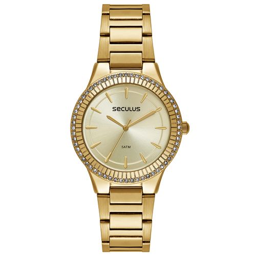 Relógio Feminino Cristais Texturas Dourado