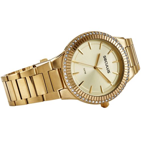 Relógio Feminino Cristais Texturas Dourado