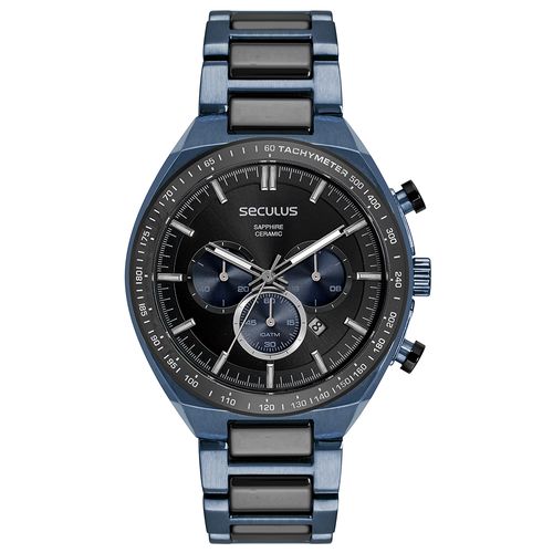 Relógio Masculino Cronógrafo Cerâmica Azul e Preto