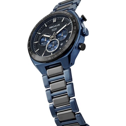 Relógio Masculino Cronógrafo Cerâmica Azul e Preto