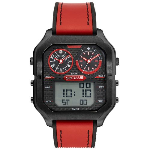 Relógio Masculino Anadigi Quadrado Esportivo Vermelho e Preto