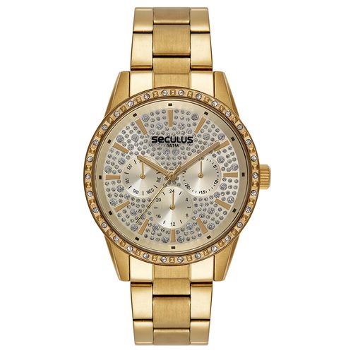 Relógio Feminino Multifunção Cristais Dourado