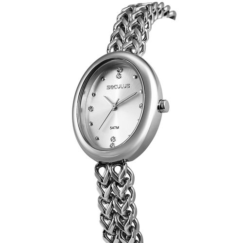 Relógio Feminino Oval Prata Pulseira Corrente