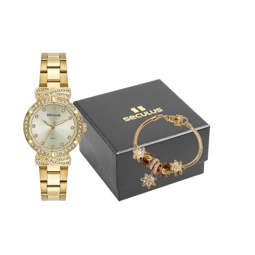 Kit Relógio Feminino Pedrarias Dourado Pulseira Berloques