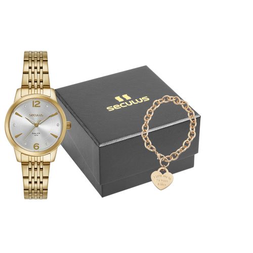 Kit Relógio Feminino Aço Dourado Cristais Pulseira Coração