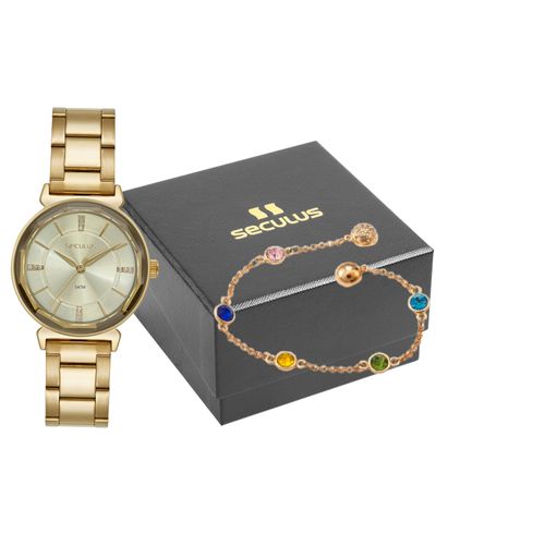 Kit Relógio Feminino Dourado Facetado Pulseira Colorida