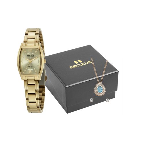 Kit Relógio Feminino Clássico Dourado Com Colar e Brincos