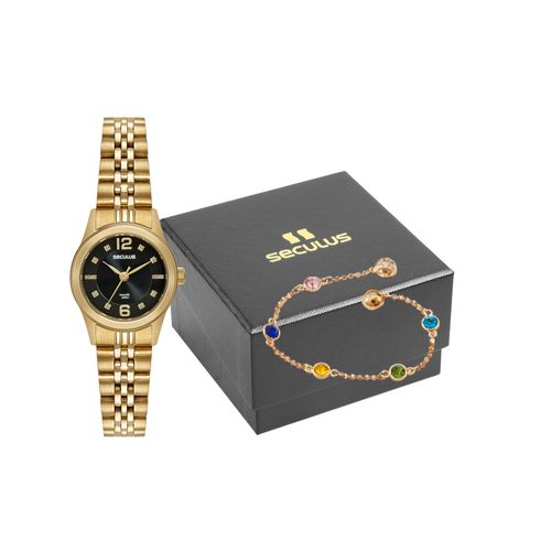 Kit Relógio Feminino Cristais Dourado com Pulseira Colorida