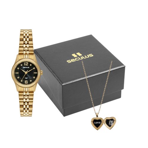 Kit Relógio Feminino Cristais Dourado com Colar Coração