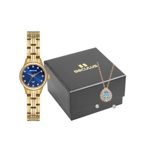 Kit Relógio Feminino Dourado Visor Azul com Colar e Brincos