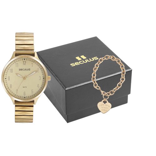 Kit Relógio Feminino Casual Dourado com Pulseira Coração