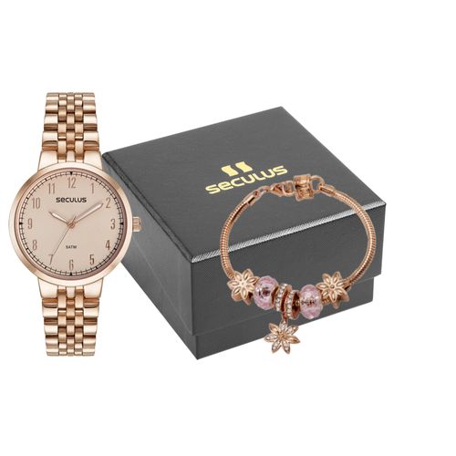 Kit Relógio Feminino Cristais Rosé com Pulseira Berloques