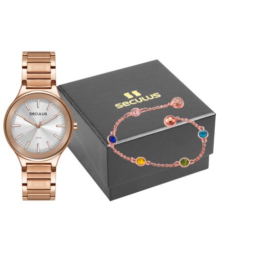 Kit Relógio Feminino Casual Rosé com Pulseira Colorida