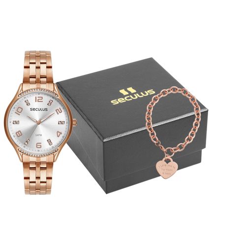 Kit Relógio Feminino Cristais Rosé com Pulseira Coração