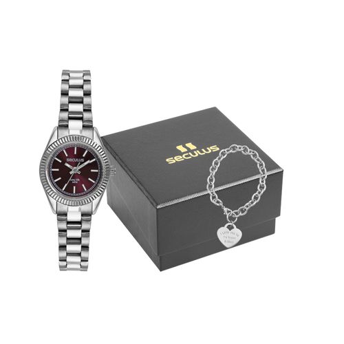Kit Relógio Feminino Prata Catraca Facetada com Pulseira