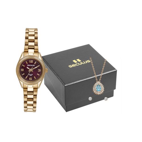 Kit Relógio Feminino Dourado Catraca Facetada Colar Brincos