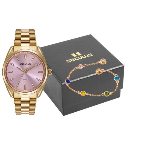 Kit Relógio Feminino Dourado Com Mostrador Roxo com Pulseira