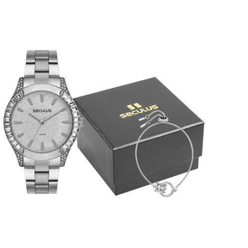 Kit Relógio Feminino Glitter e Pedrarias Prata com Pulseira