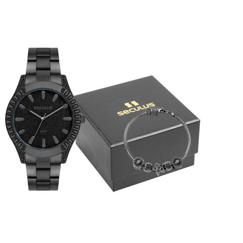 Kit Relógio Feminino Glitter Cristais Preto com Pulseira