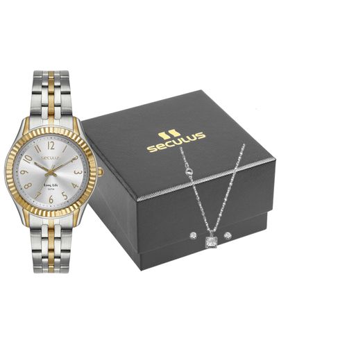 Kit Relógio Feminino Bicolor Catraca serrilhada Colar