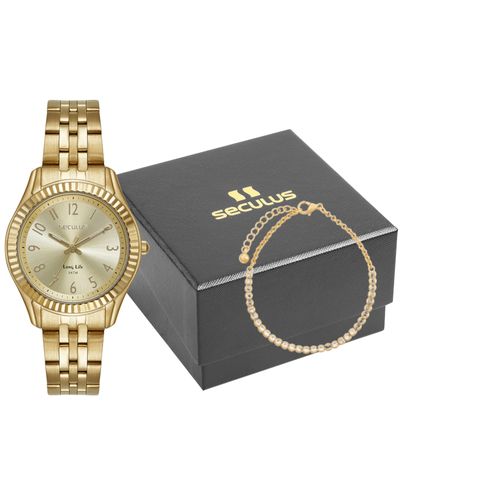 Kit Relógio Feminino Dourado Catraca serrilhada Com Pulseira