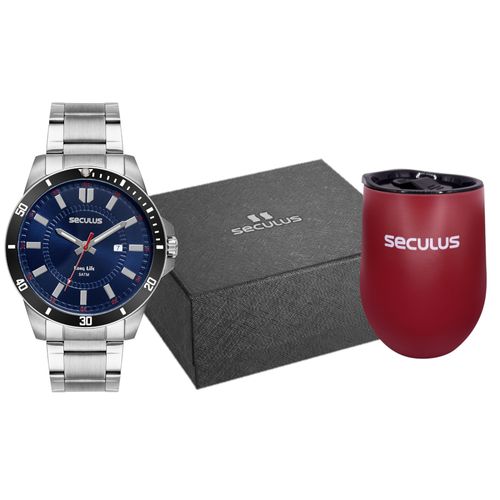 Kit Relógio Masculino Aço Esportivo Prata com Copo Térmico