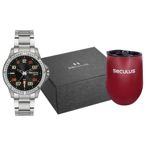 Kit Relógio Masculino Aço Casual Com Prata com Copo Térmico