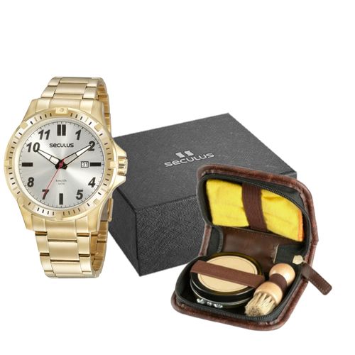 Kit Relógio Masculino Aço Dourado com Kit Engraxar