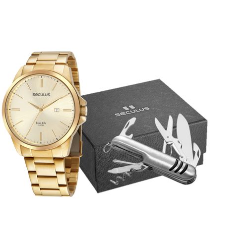 Kit Relógio Masculino Calendário Dourado Canivete Multiuso