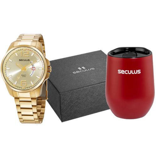 Kit Relógio Masculino Aço Calendário Dourado Copo Térmico