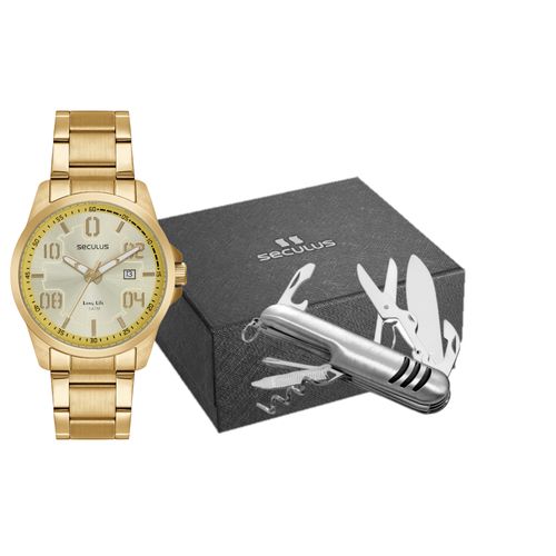 Kit Relógio Masculino Detalhes Dourado com Canivete Multiuso