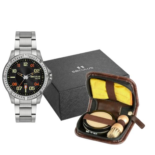 Kit Relógio Masculino Aço Com Calendário Prata Kit Engraxar