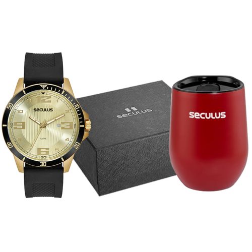 Kit Relógio Masculino Esportivo Dourado com Copo Térmico