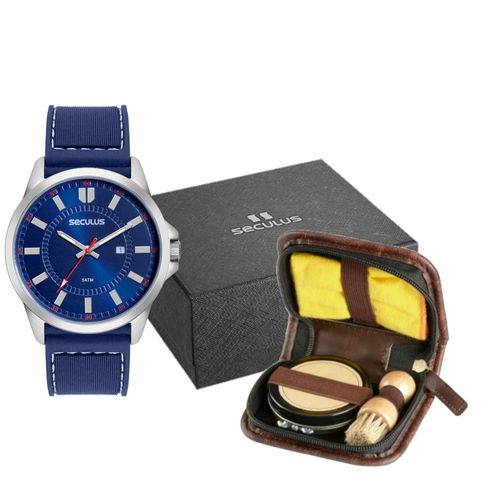 Kit Relógio Masculino Silicone Prata com Kit Engraxar