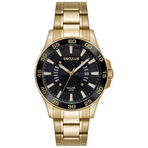 Relógio Masculino Aço Dourado Calendário