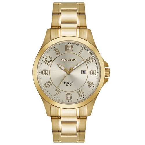 Relógio Masculino Aço Visor Amplo Mostrador Dourado