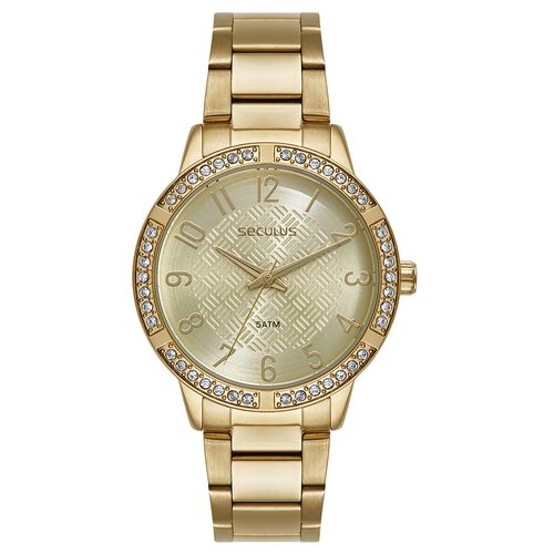 Kit Relógio Feminino Dourado Cristais Colar Coração e Brinco