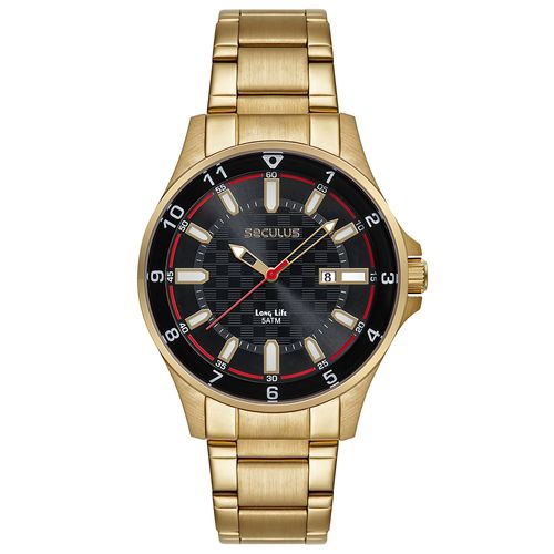 Relógio Masculino Aço Dourado Calendário Visor Preto